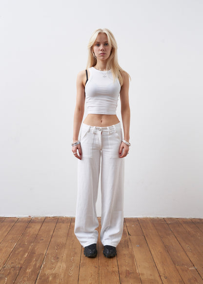 the slouch in white linen