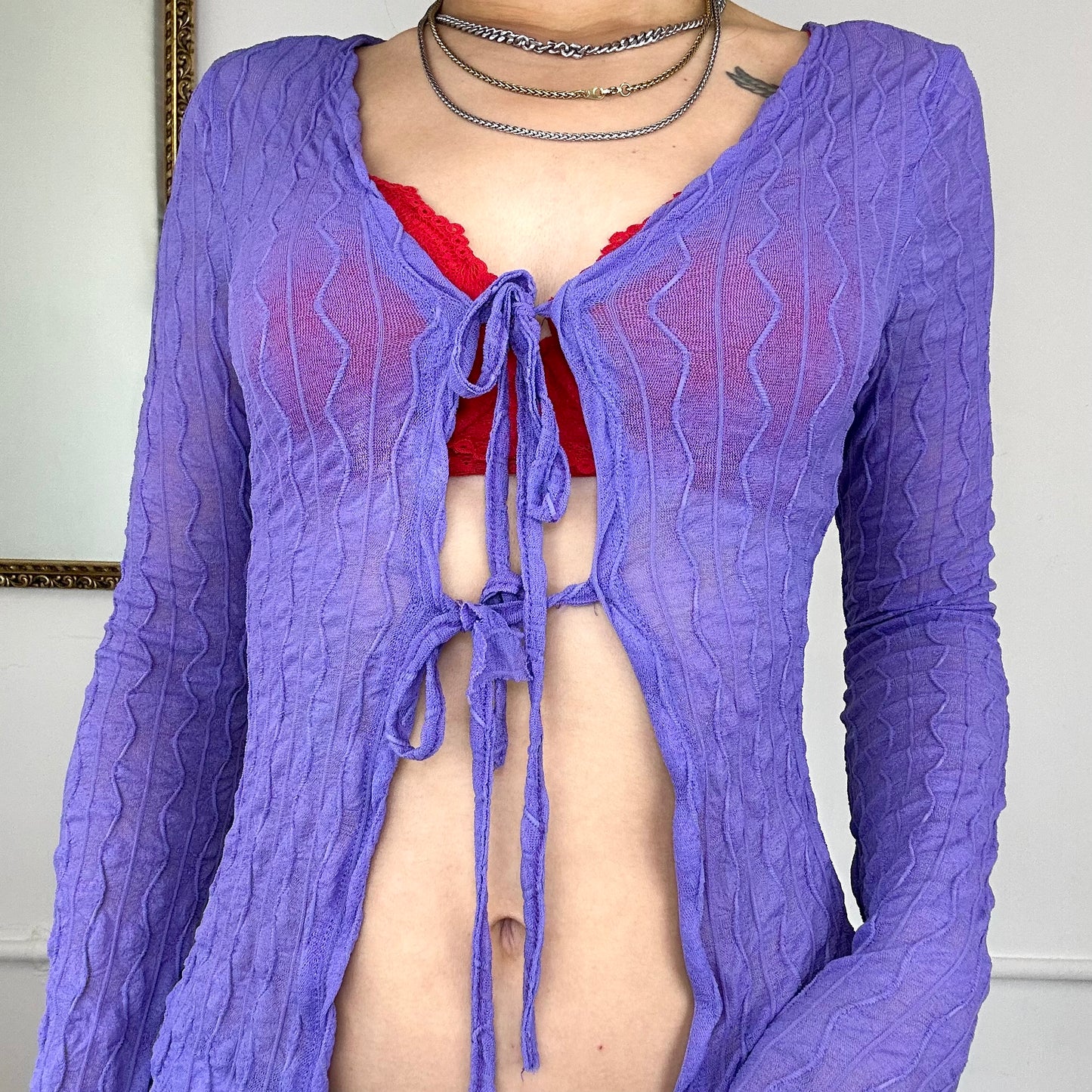 purple flowy long sleeve tie top