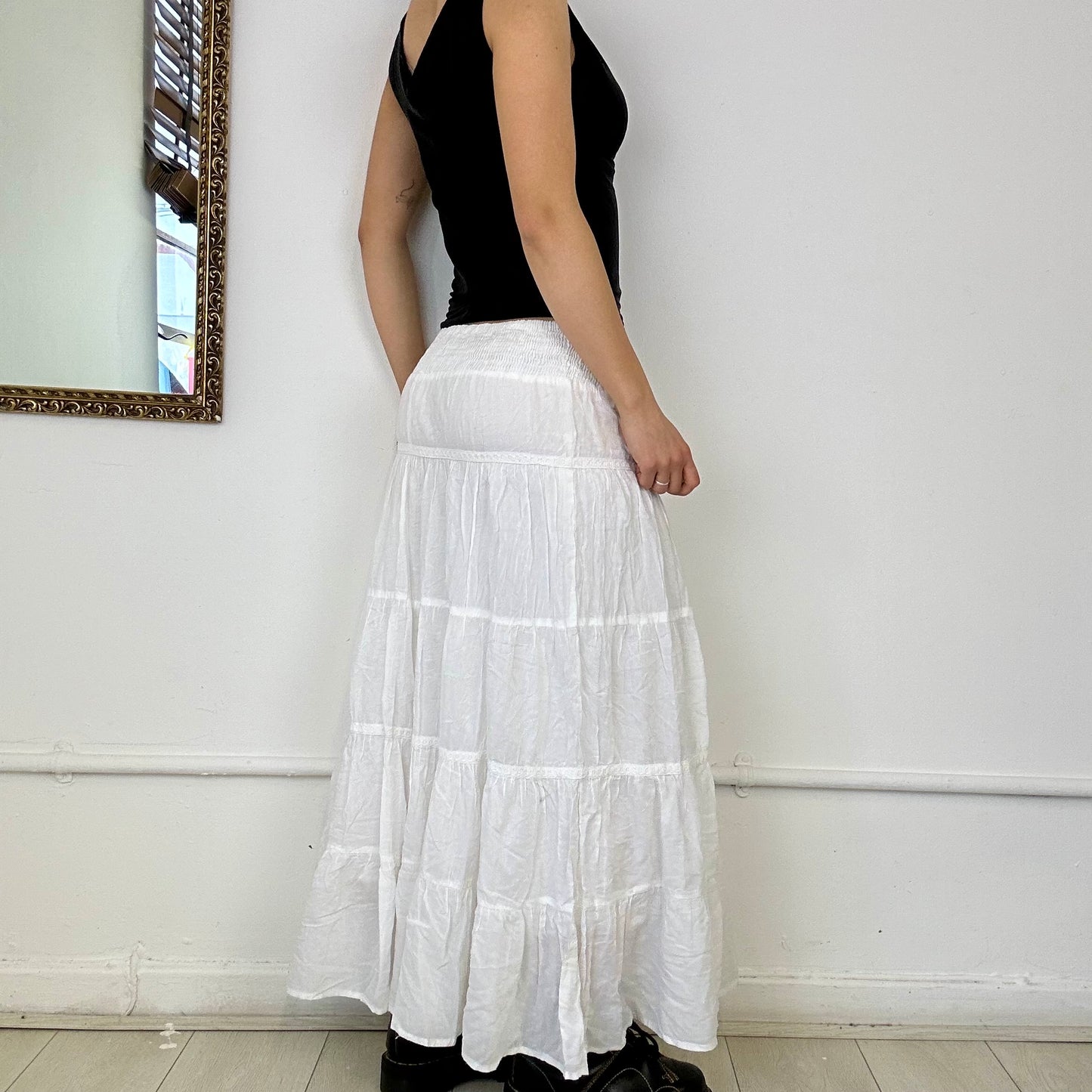 white tiered maxi skirt