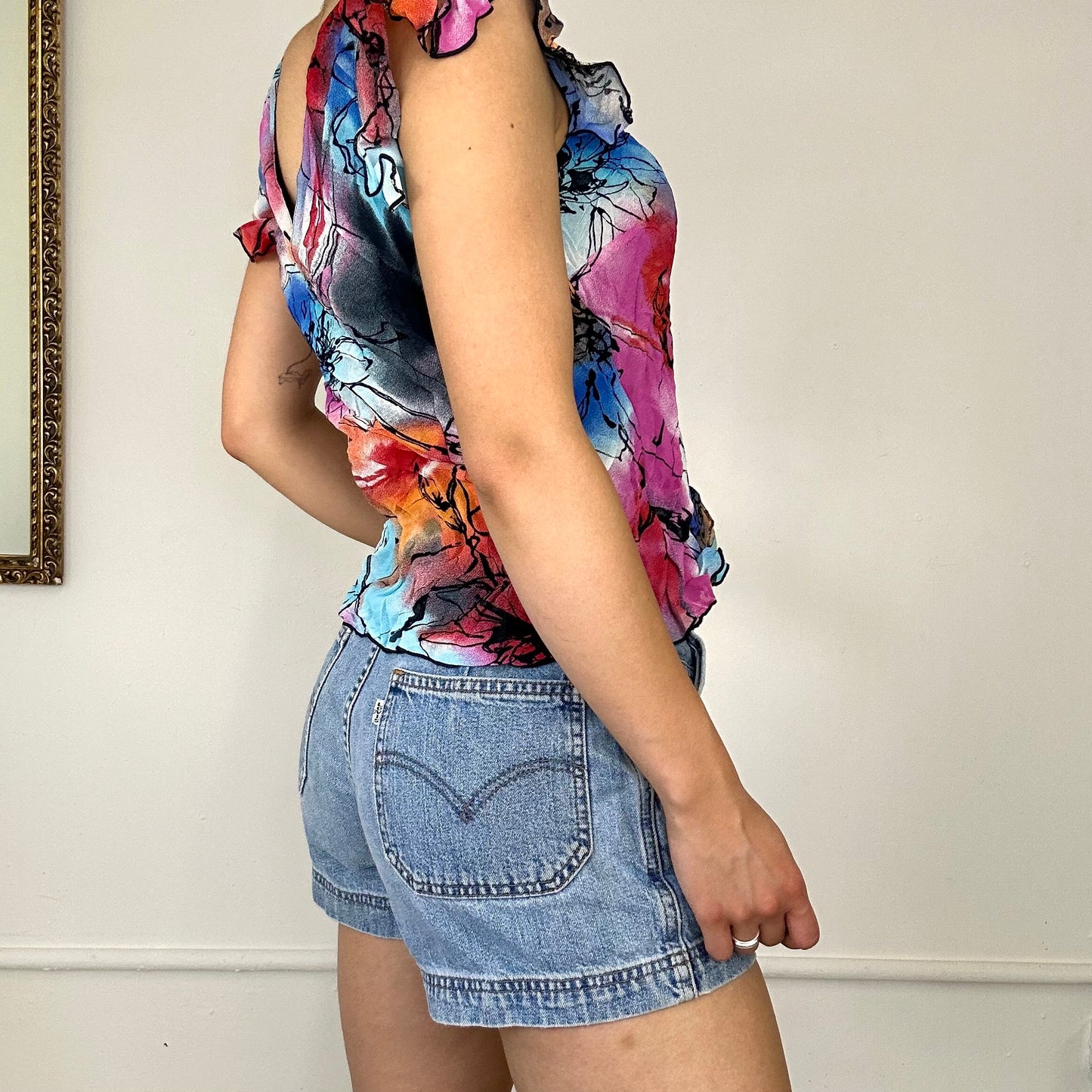 2000's colourful ruched floral blouse