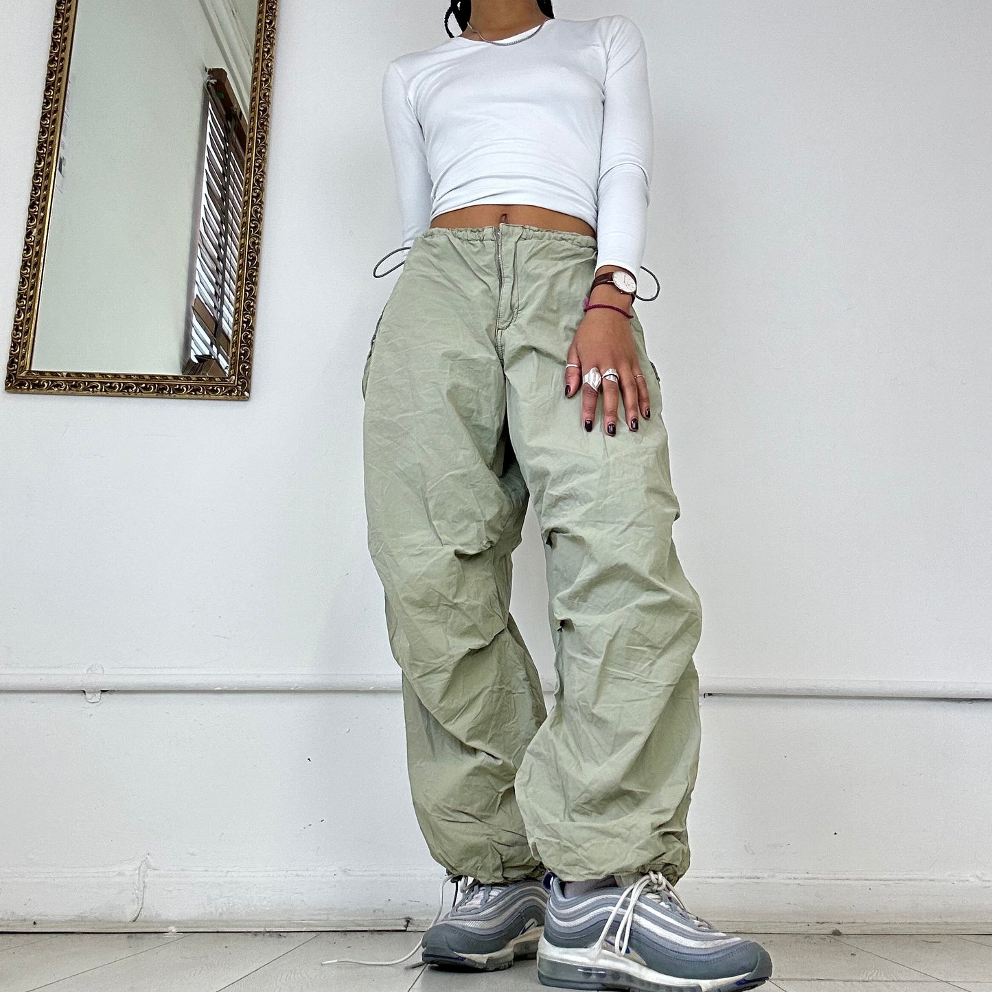 khaki parachute cargo trousers