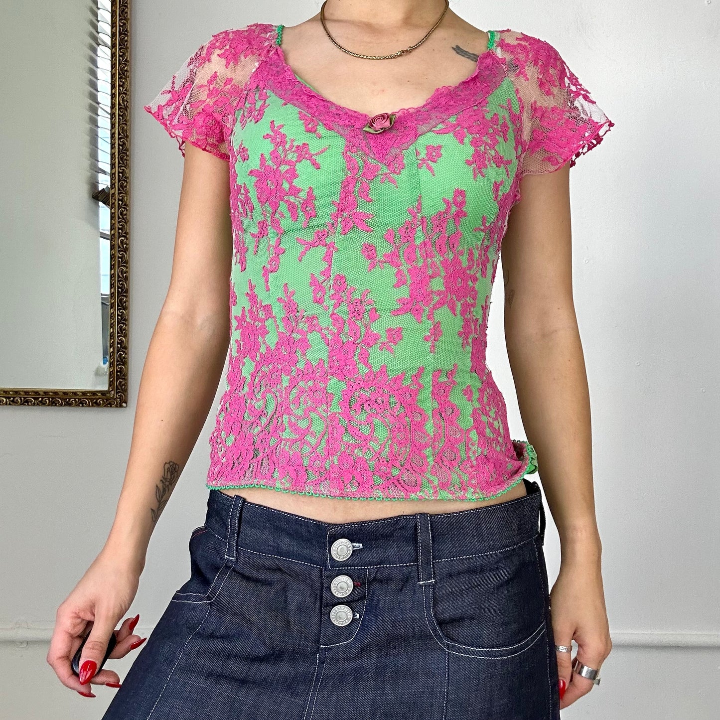 vintage dolce & gabbana green & pink lace corset top