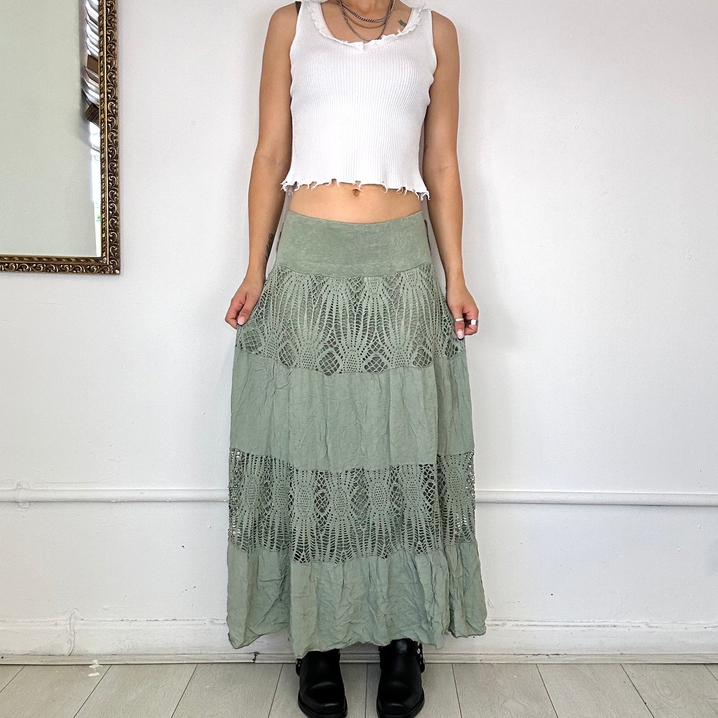 green tiered maxi skirt