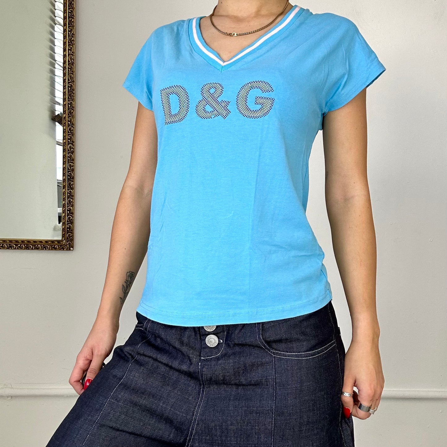 vintage blue dolce & gabbana v neck short sleeve top