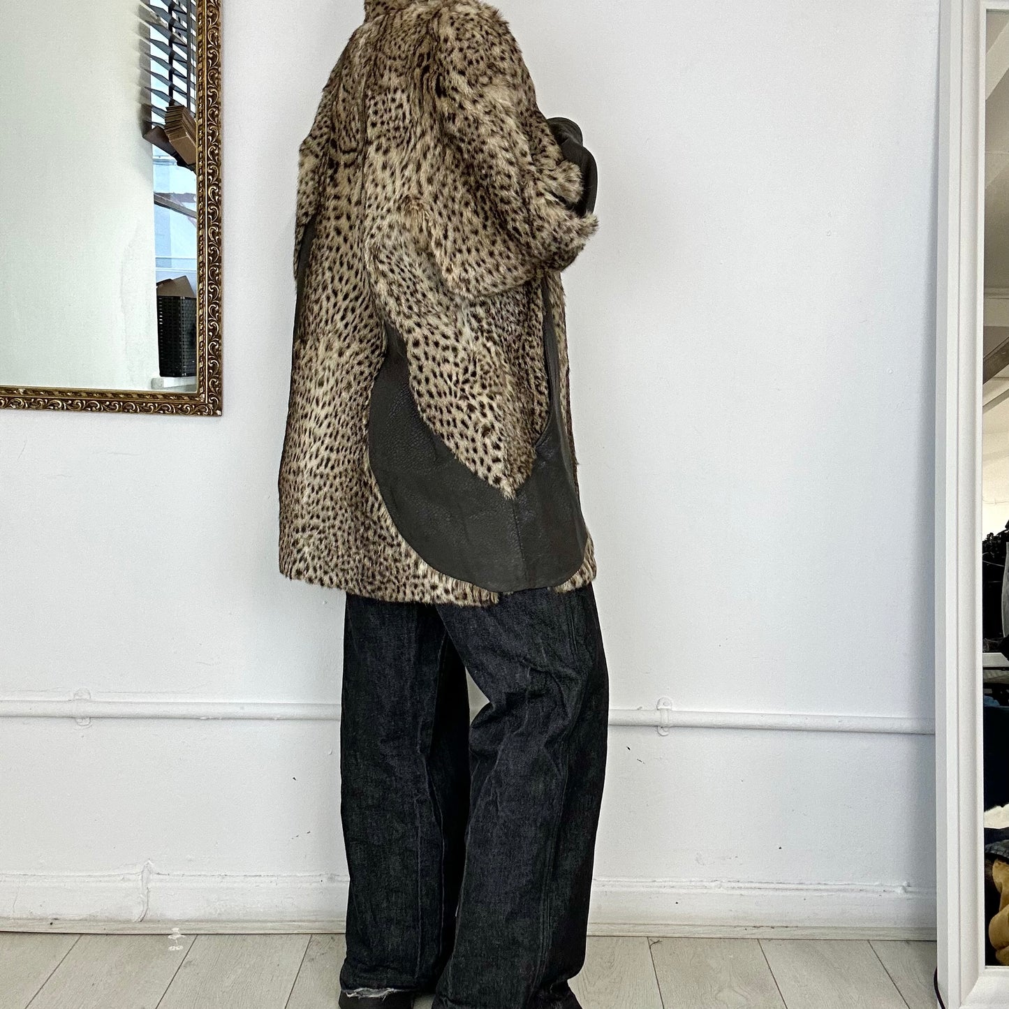 vintage fur cheetah print coat with leather detailing