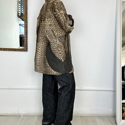 vintage fur cheetah print coat with leather detailing