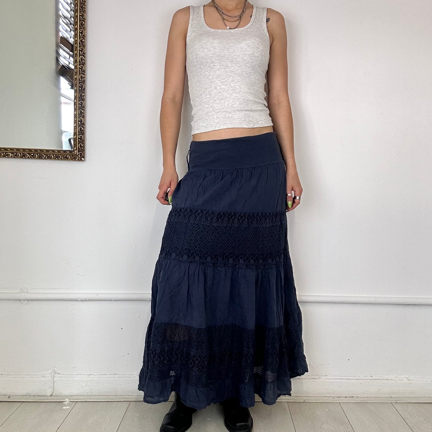 dark blue broderie maxi skirt