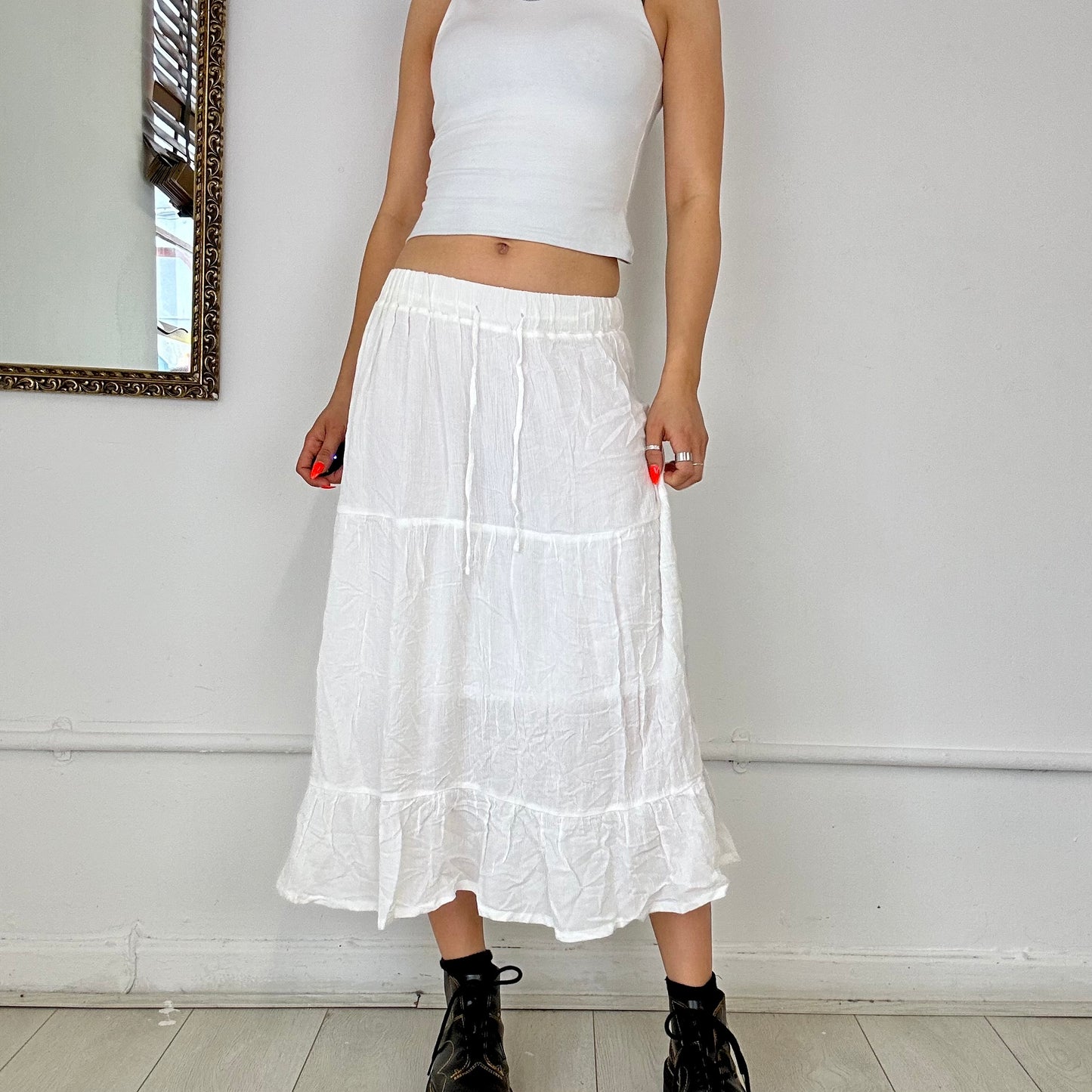 white flowy midi skirt