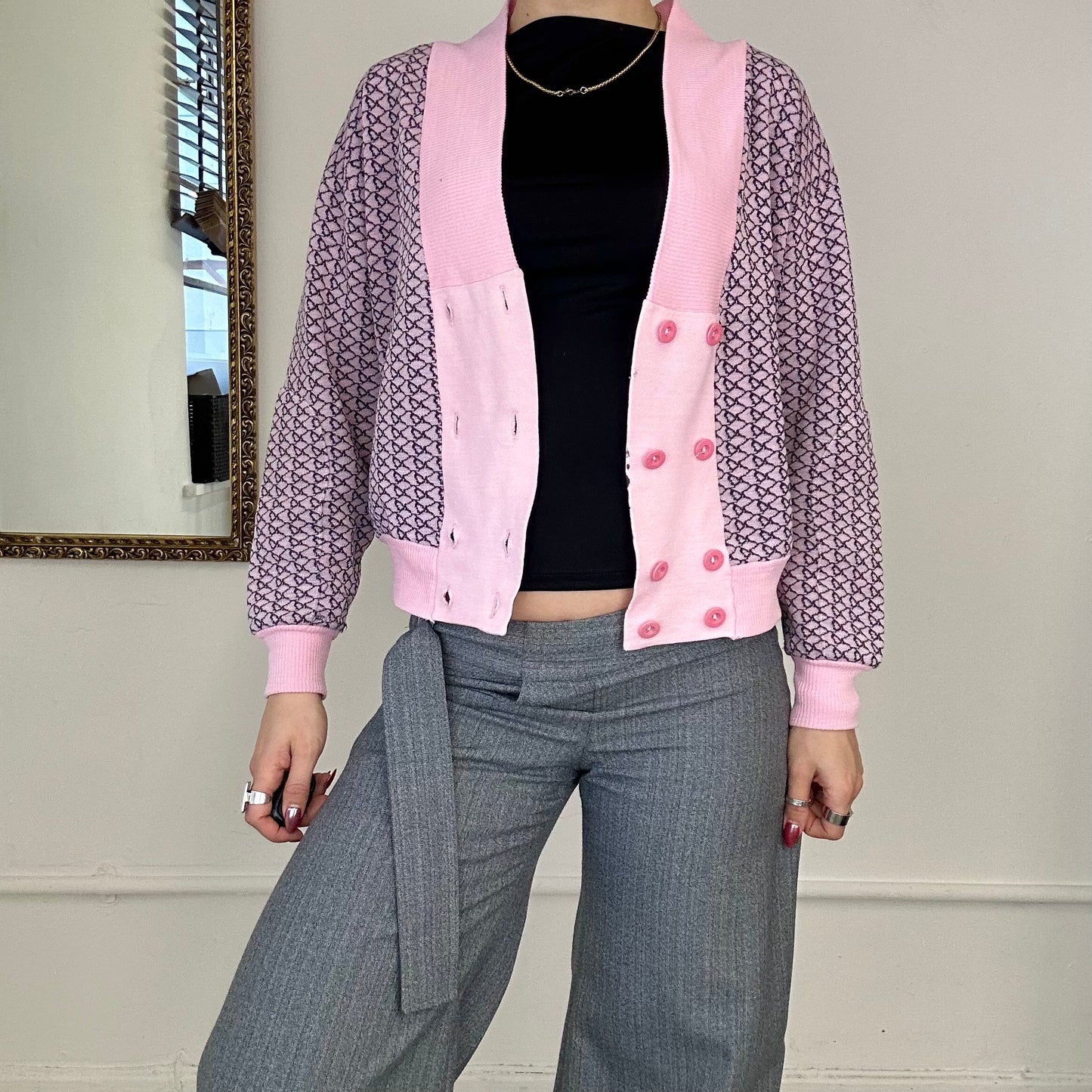 vintage adidas pink geometric button up cardigan