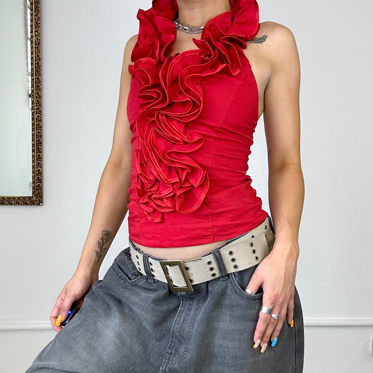 red ruffle halter neck top