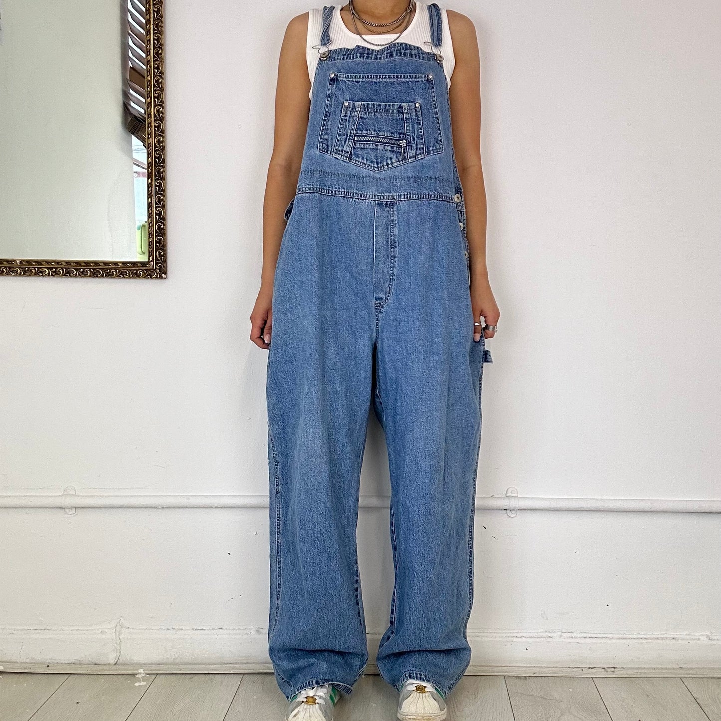 baggy light wash denim cargo dungarees