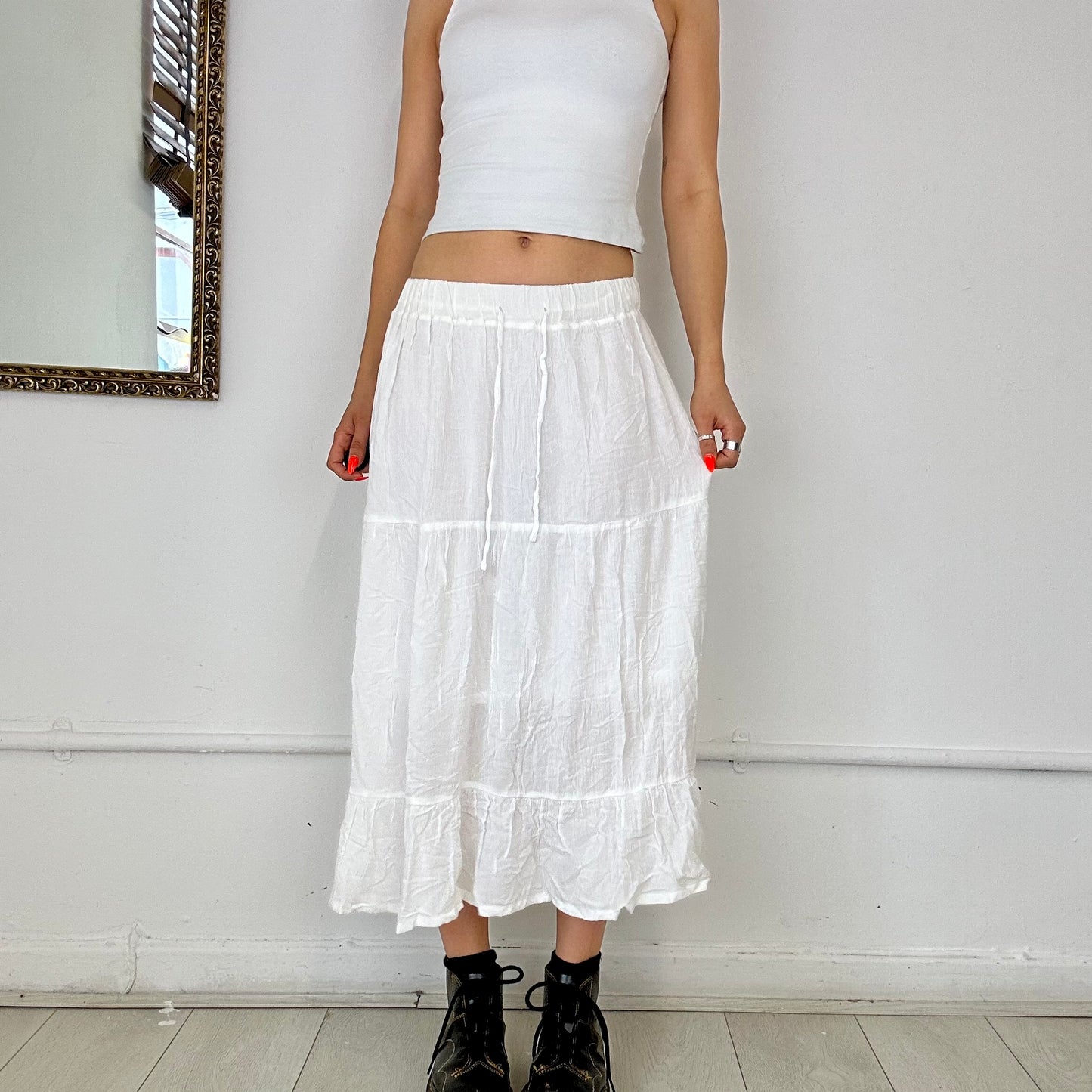 white flowy midi skirt