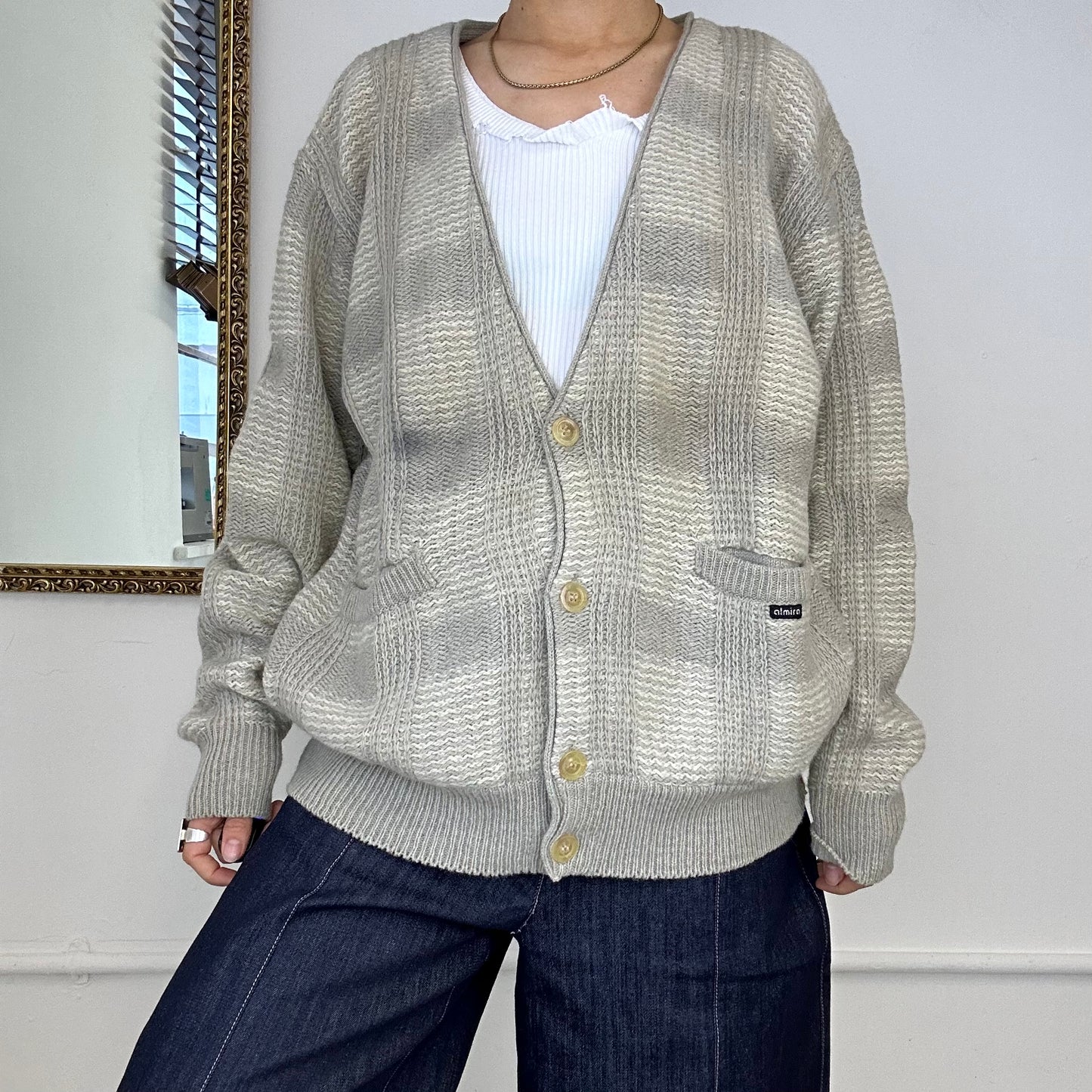 vintage 100% virgin wool grey checkered cardigan