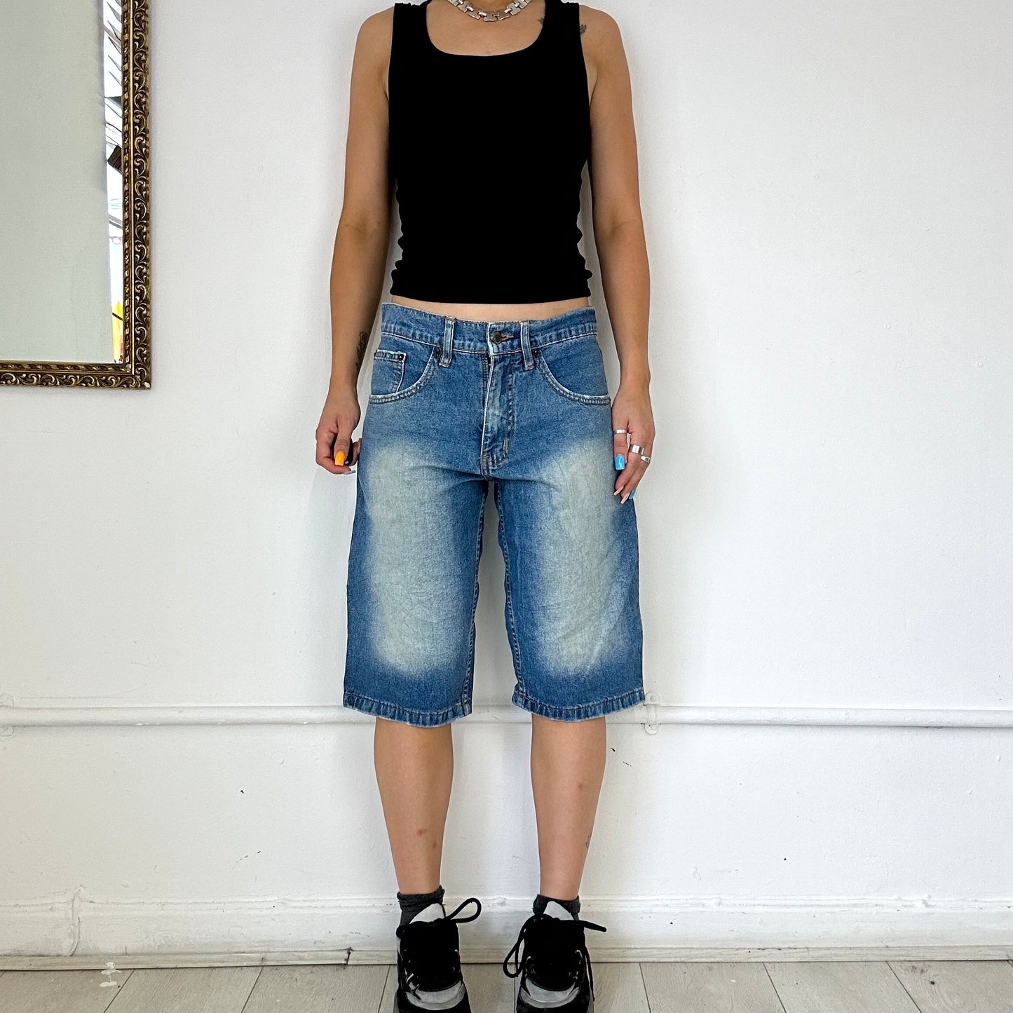 two toned long denim shorts