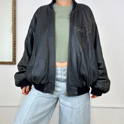 vintage dark leather bomber jacket