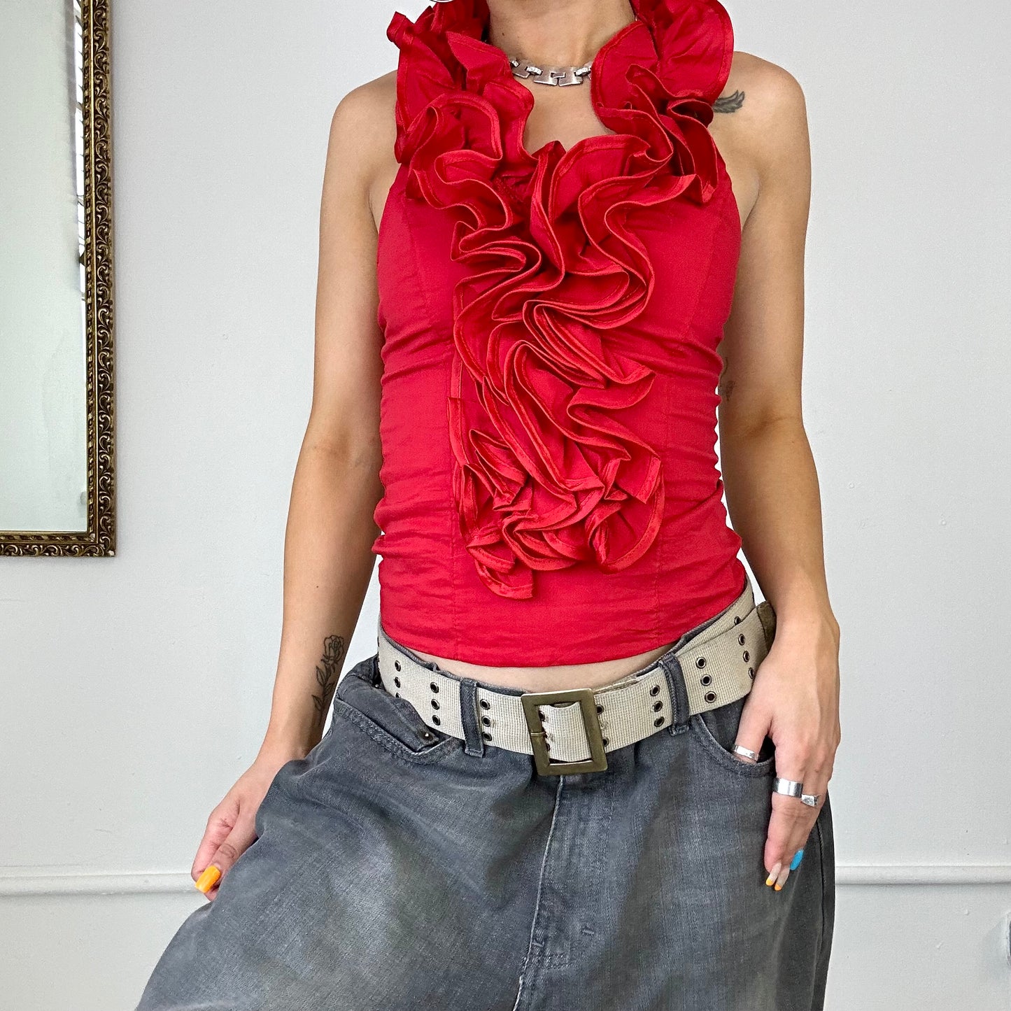 red ruffle halter neck top