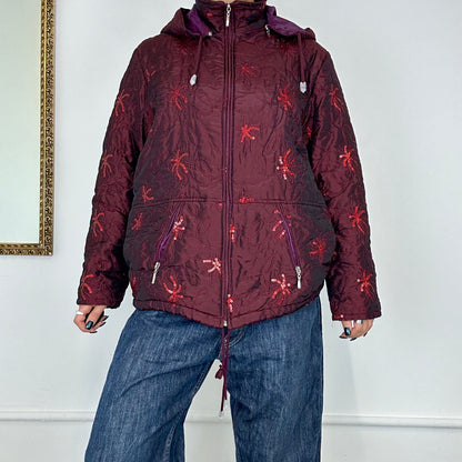 red sequined zip up puffer jacket