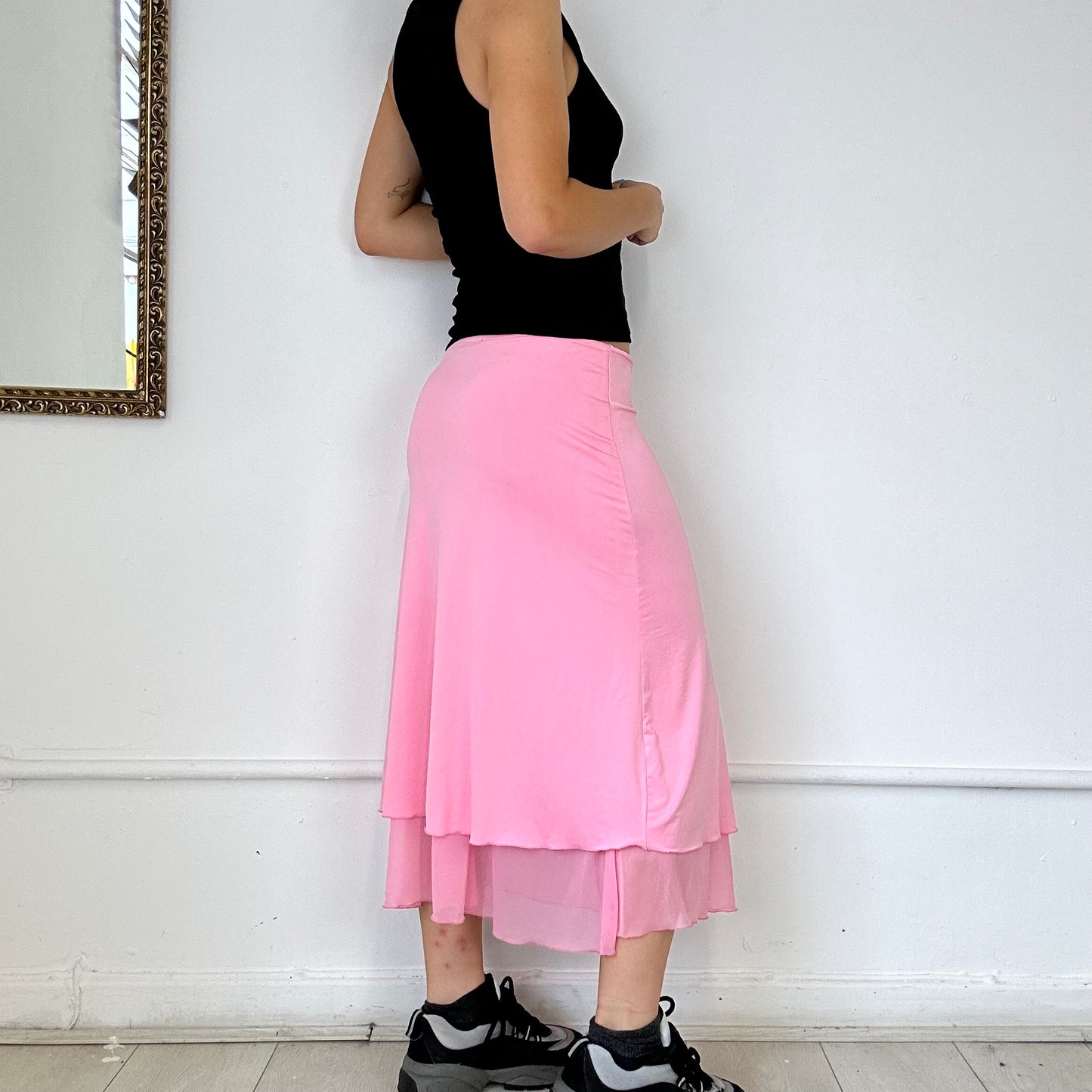 pink flowy midi skirt