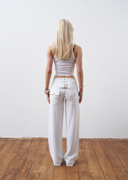 the slouch in white linen