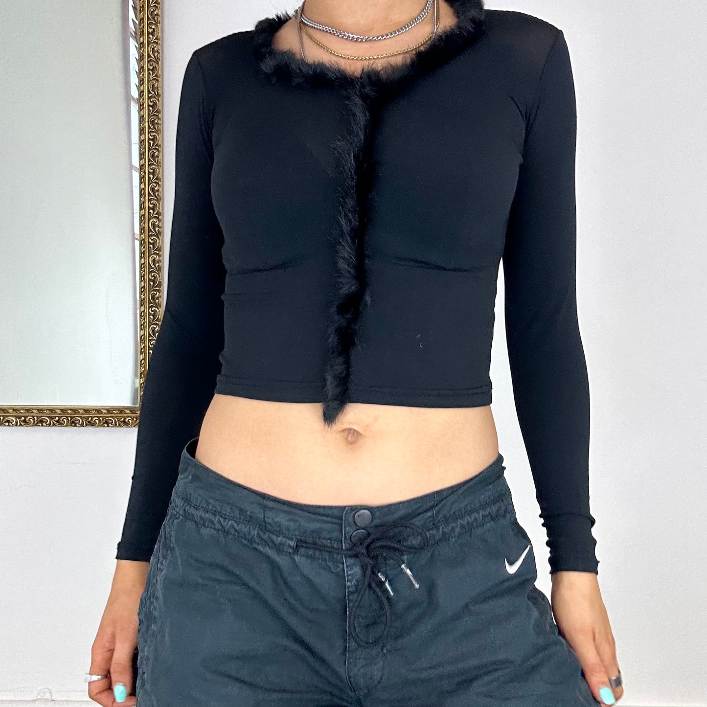 2000's mesh fur trim top