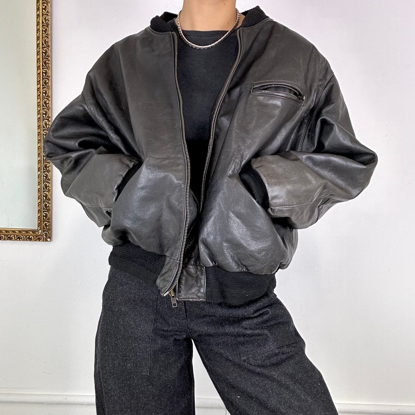 black leather bomber jacket