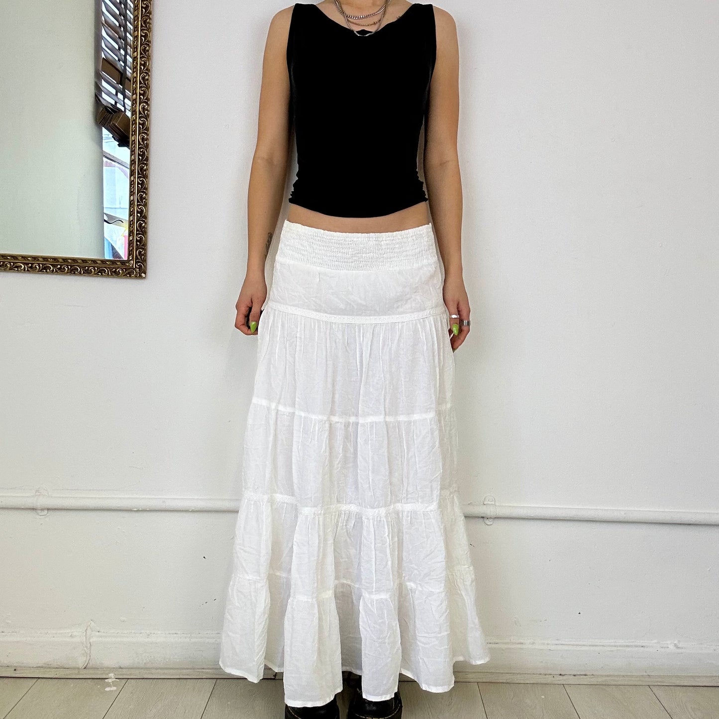 white tiered maxi skirt