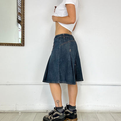 dark wash denim pleated midi skirt