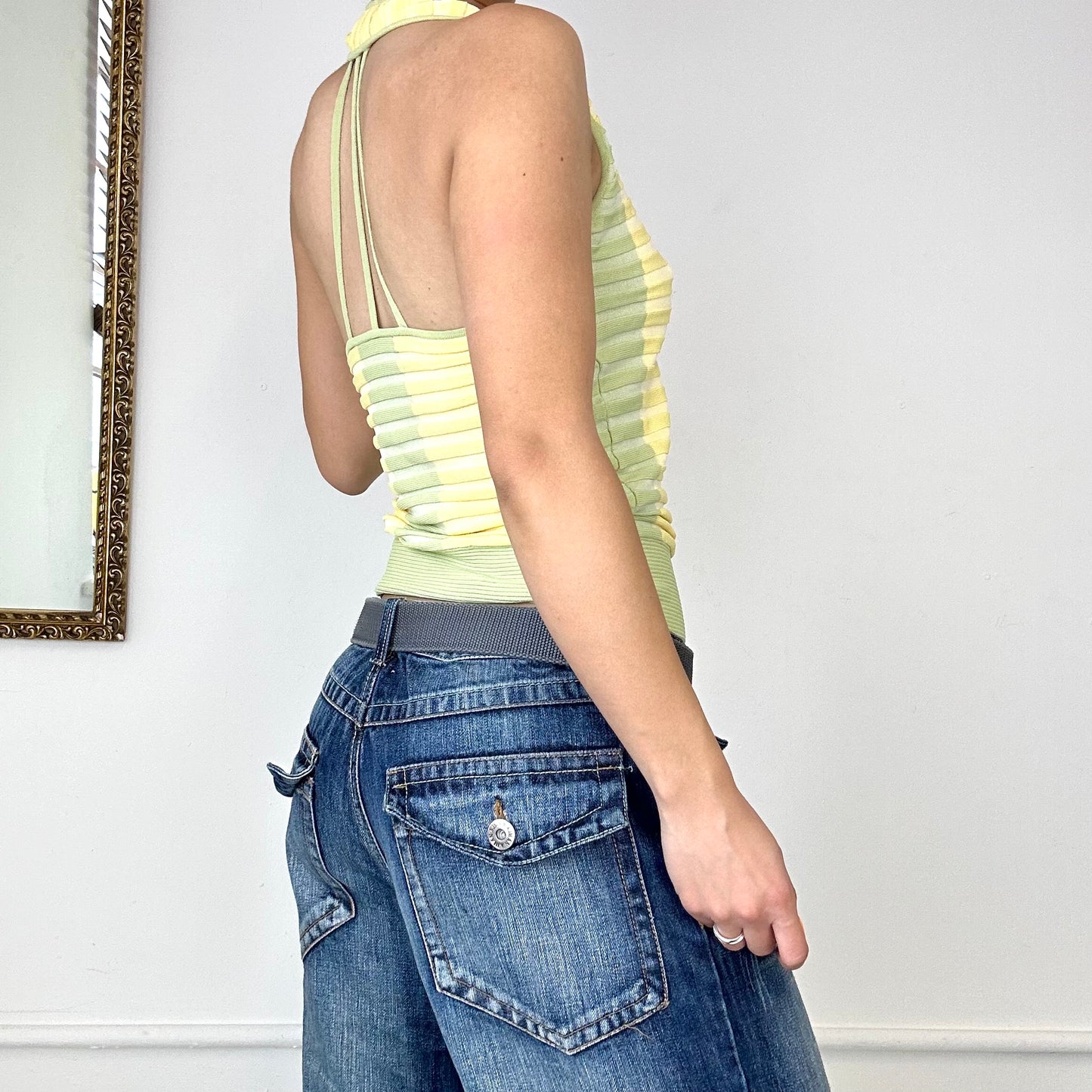 2000's yellow &green ribbed halter neck top