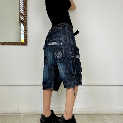 baggy dark wash denim cargo shorts