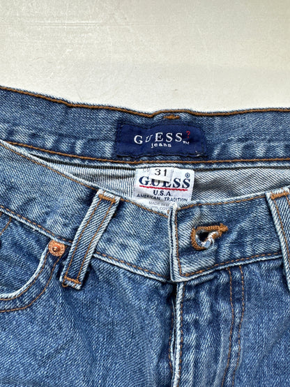 mid wash denim shorts by guess