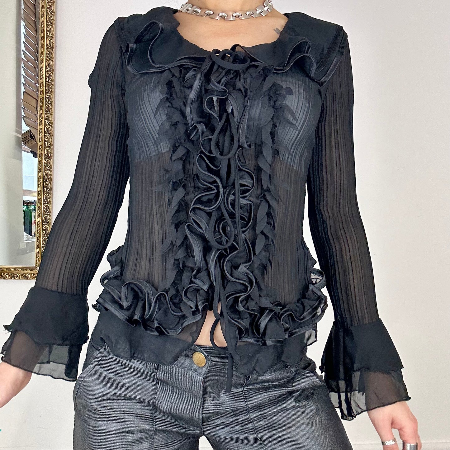 90's black sheer frilly blouse