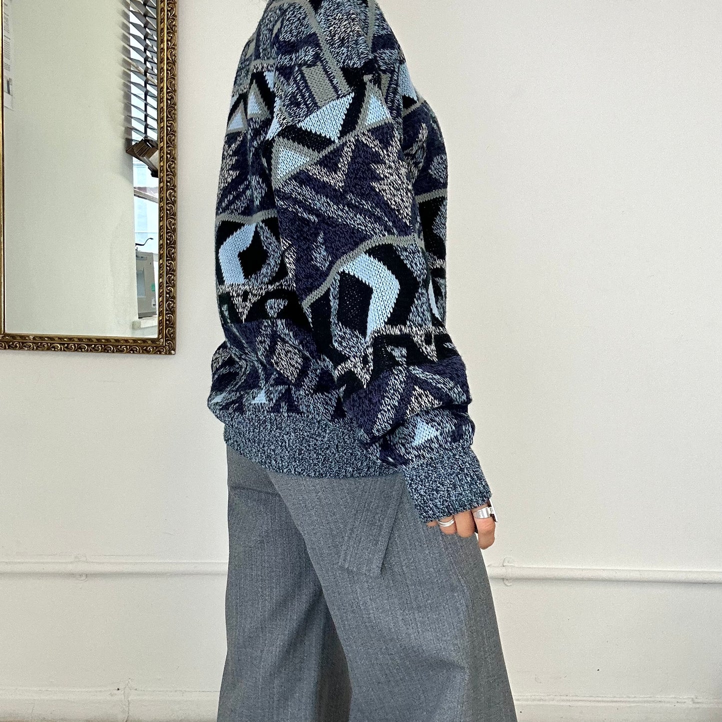 blue patterned knit jumper