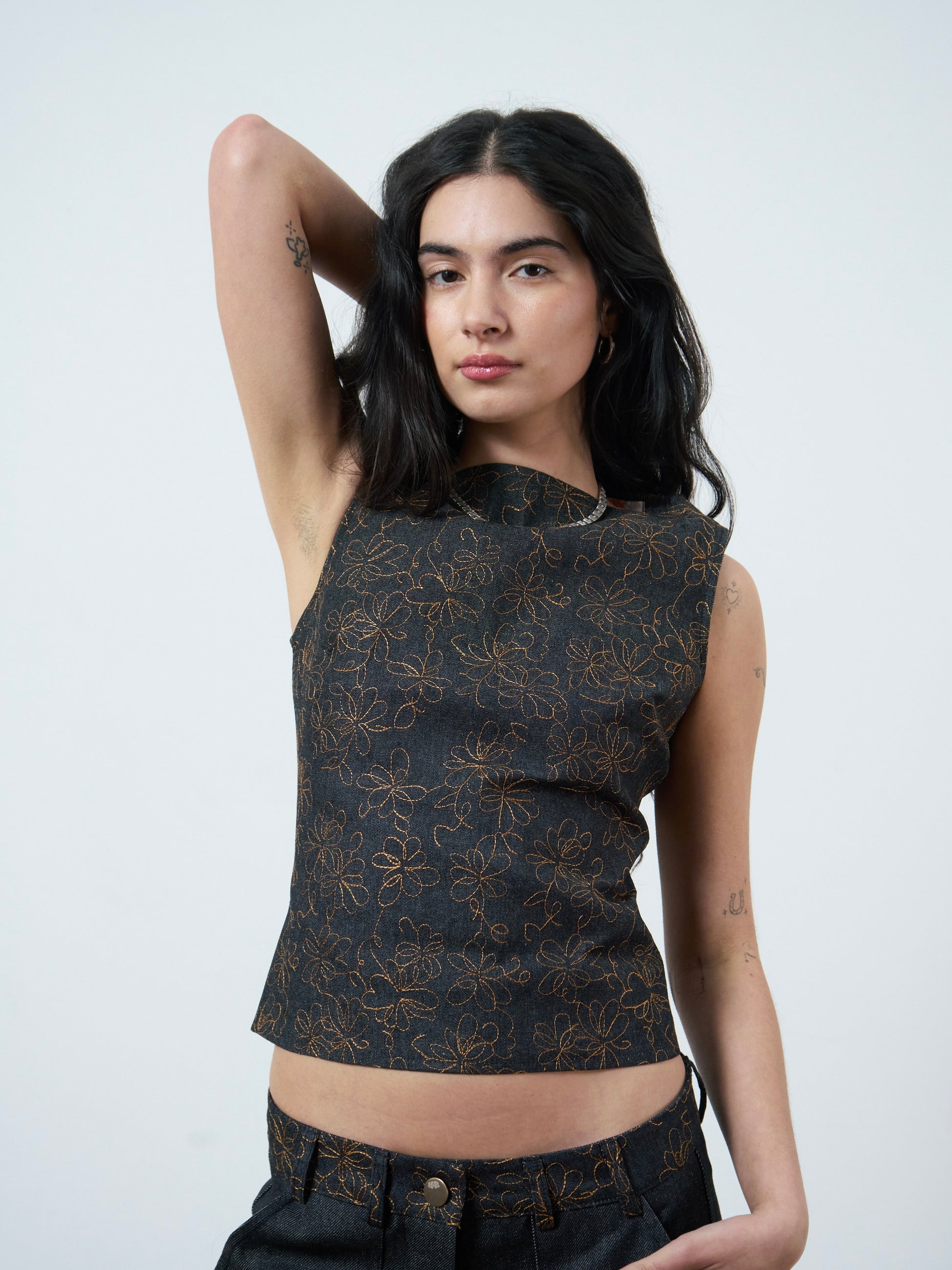 charlie top - embroidered charcoal denim