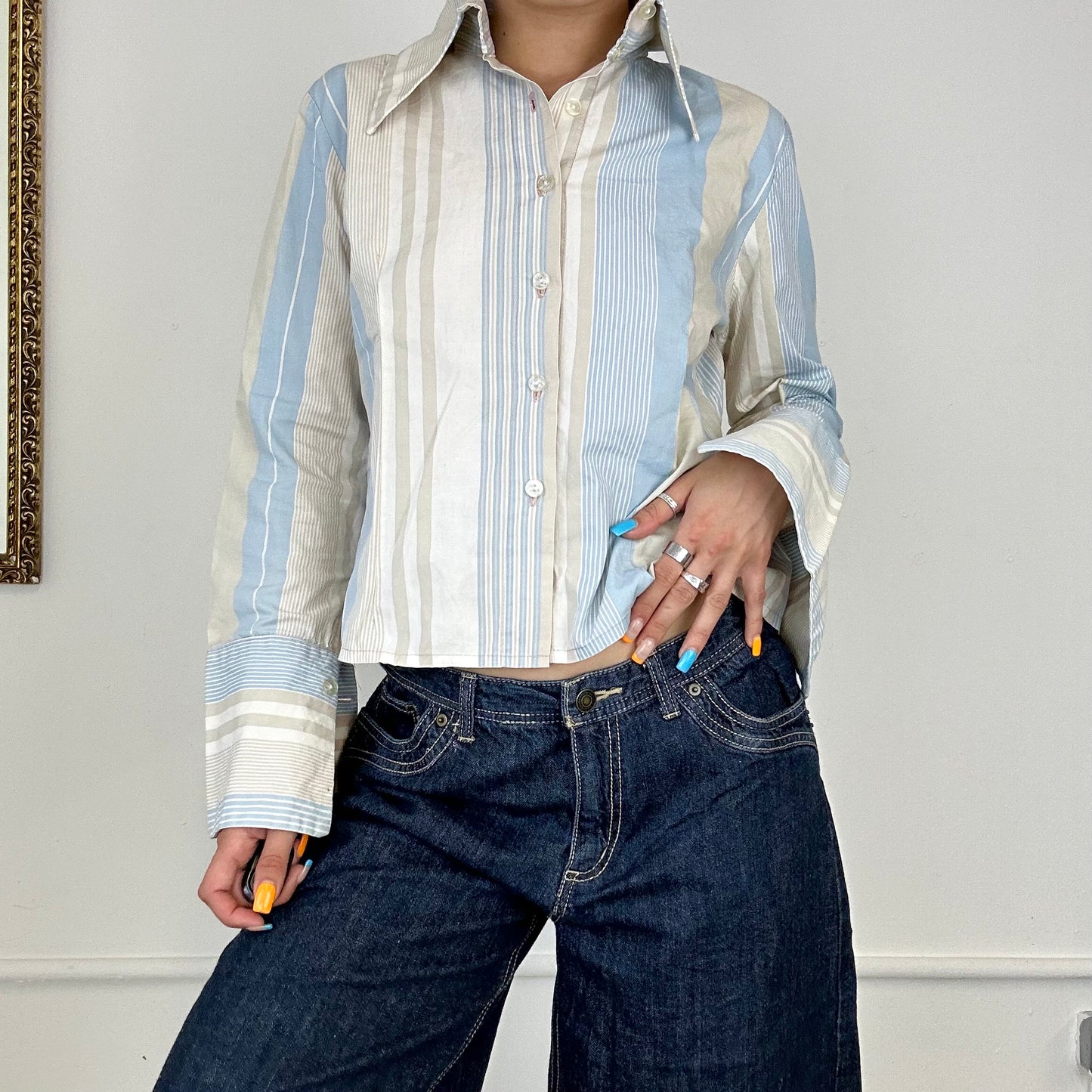 90's button up blue striped blouse