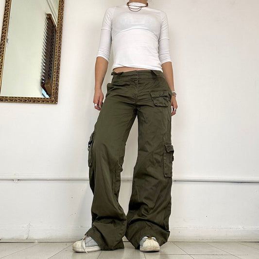 2000'S fishbone khaki wide leg trousers