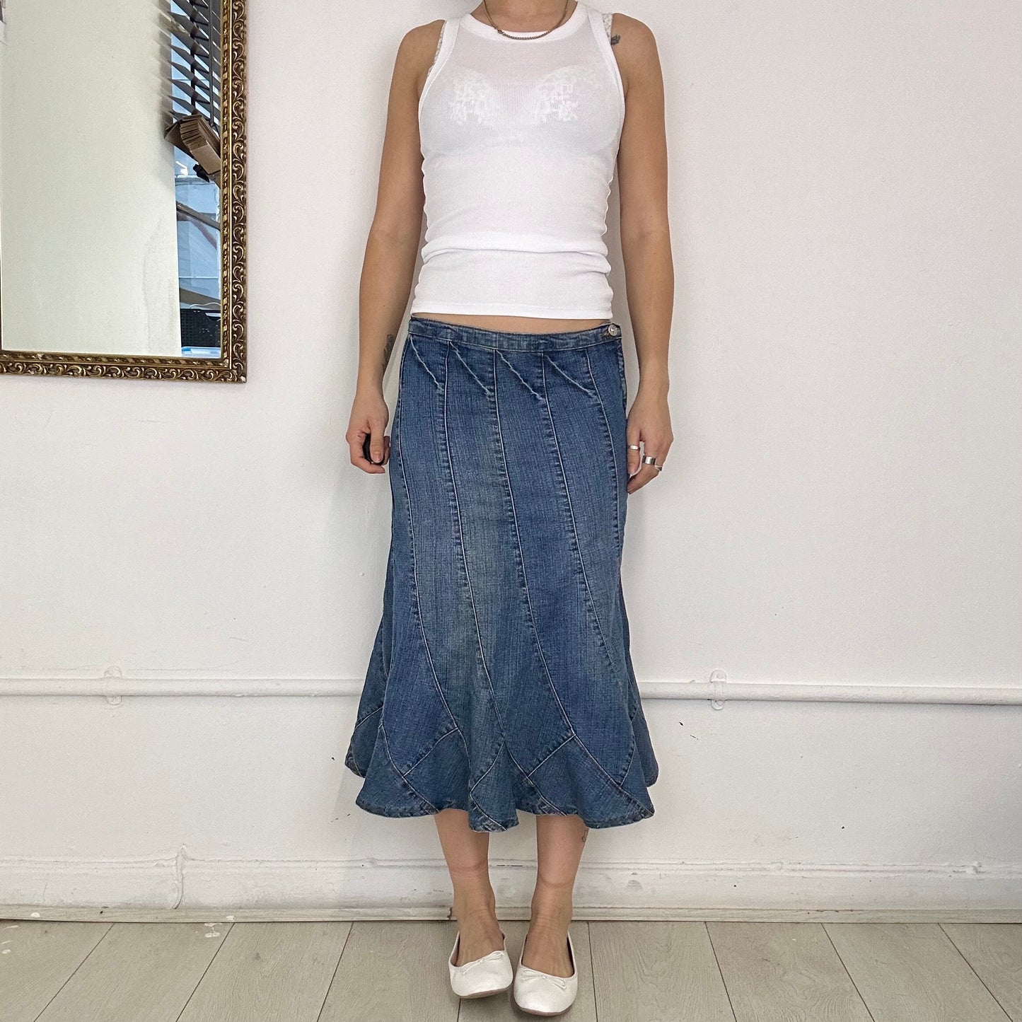 2000's denim floaty midi skirt