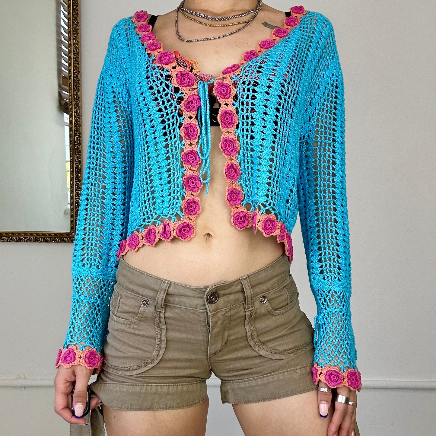 2000's blue crochet cardigan