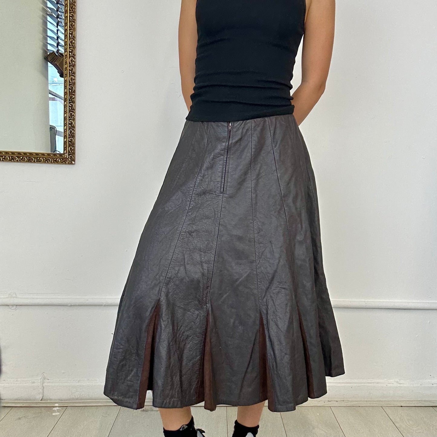 vintage brown pleated leather midi skirt