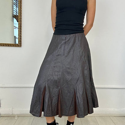 vintage brown pleated leather midi skirt