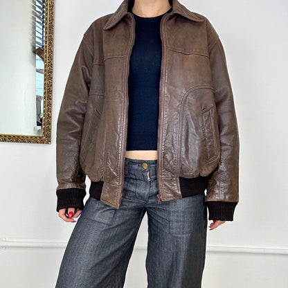 brown leather bomber jacket.