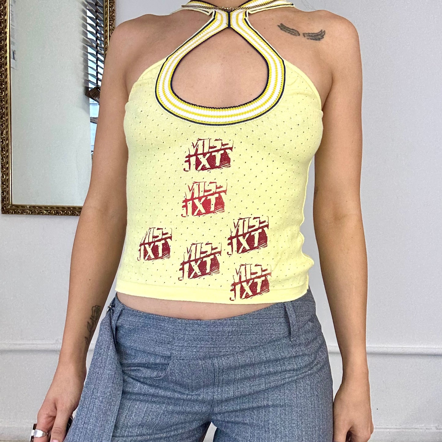 vintage yellow miss sixty halter neck clasp top