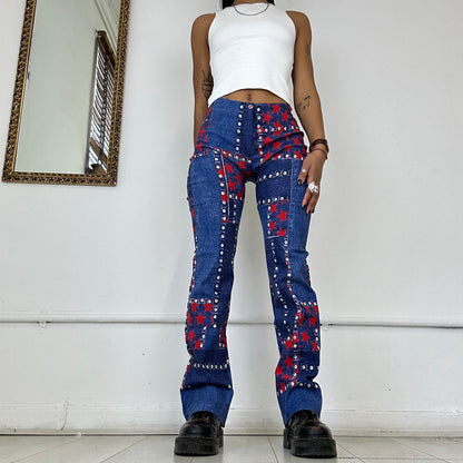 00’s printed patchwork flare trousers