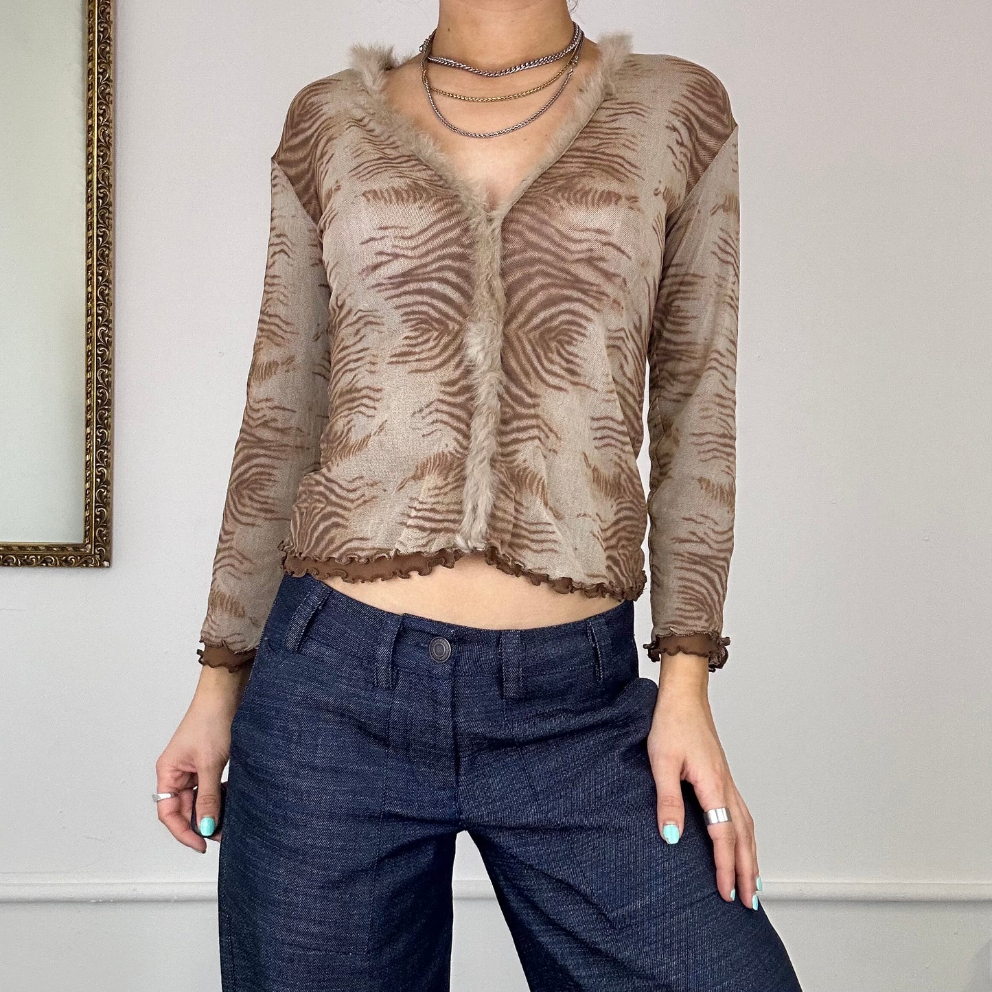 2000's mesh and fur trim top