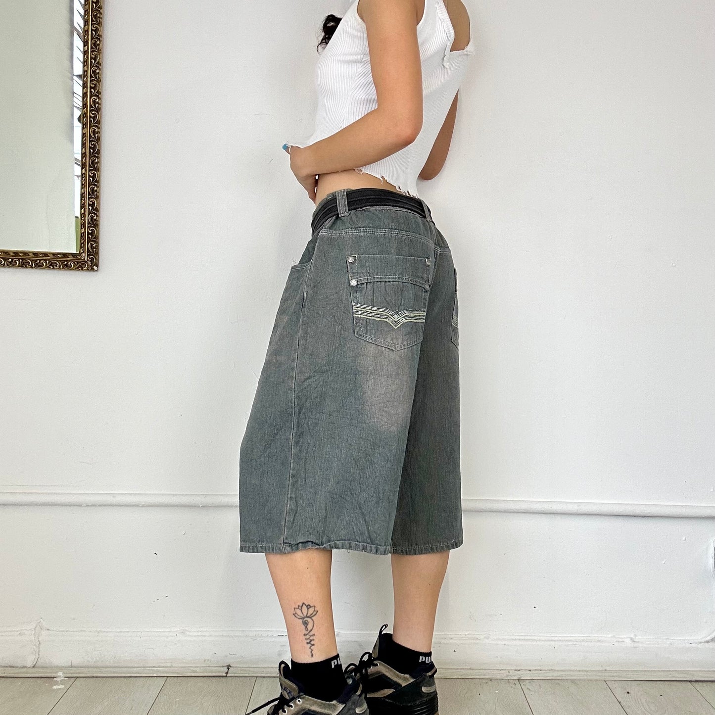 2000's long washed grey denim shorts