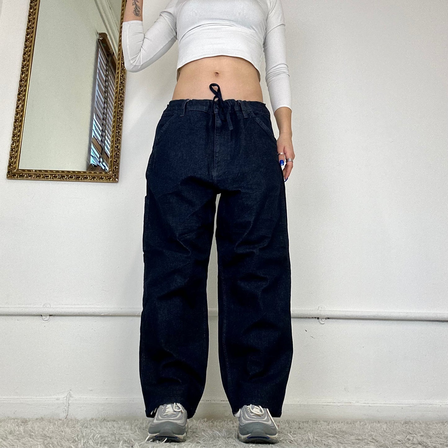 dark wash baggy jeans with drawstring