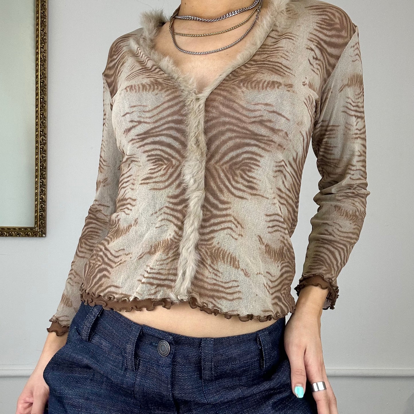 2000's mesh and fur trim top