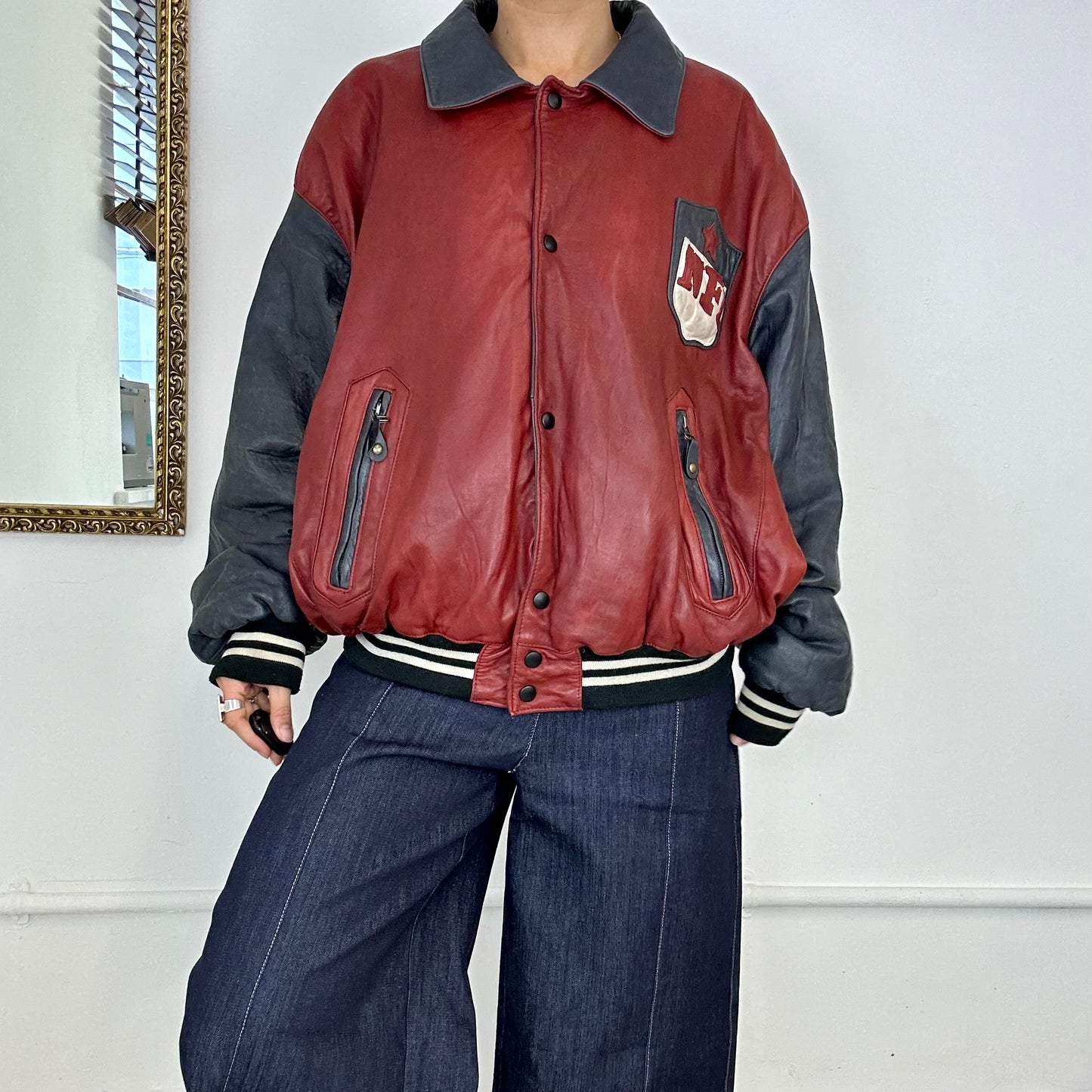 vintage NFL red and black leather bomber jacket