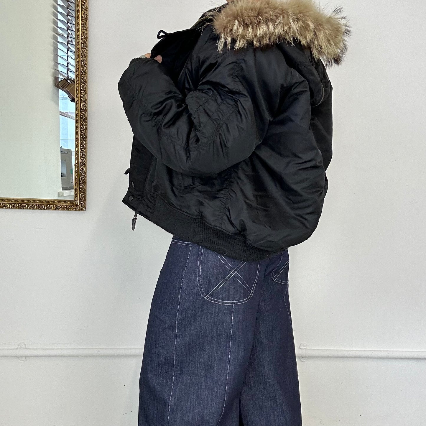 2000's black bomber with faux fur hood