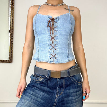 2000's lace up denim corset top