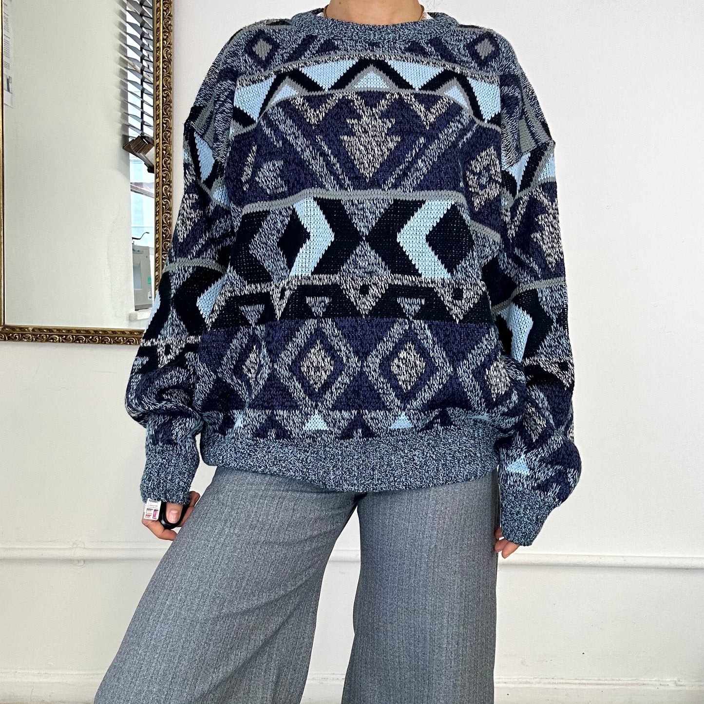 blue patterned knit jumper